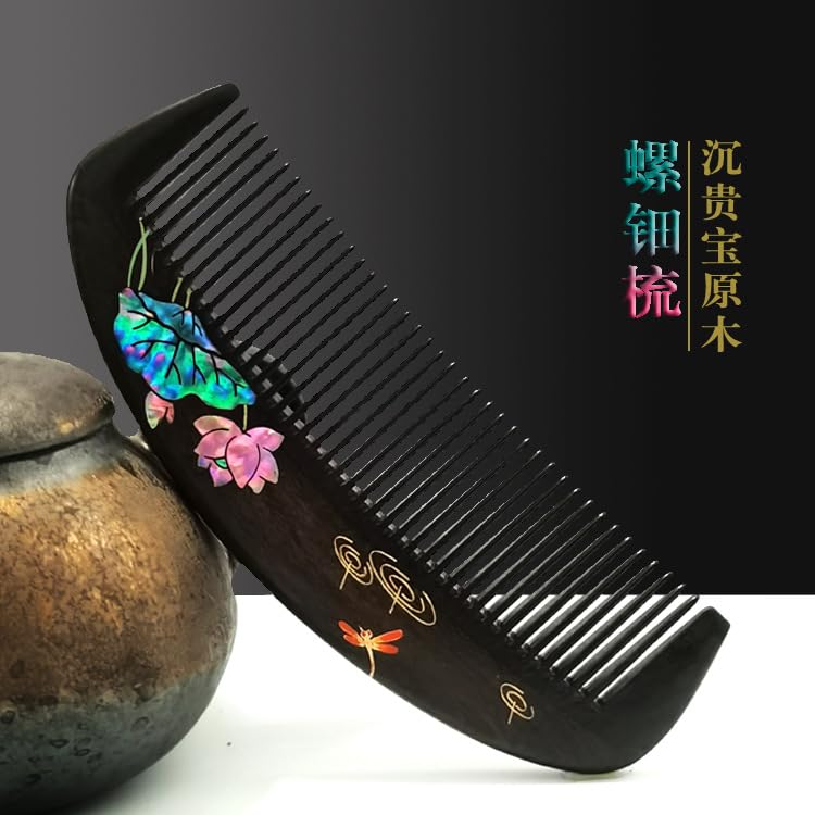 QinXingBaiHuoDian For Ancient Wooden Comb Women's and Men's Hair Comb 荷花蜻蜓檀木梳子螺钿镶嵌漆艺彩绘梳文创商务礼品(1Pcs 荷花蜻蜓檀木梳礼盒装（不含发簪）)