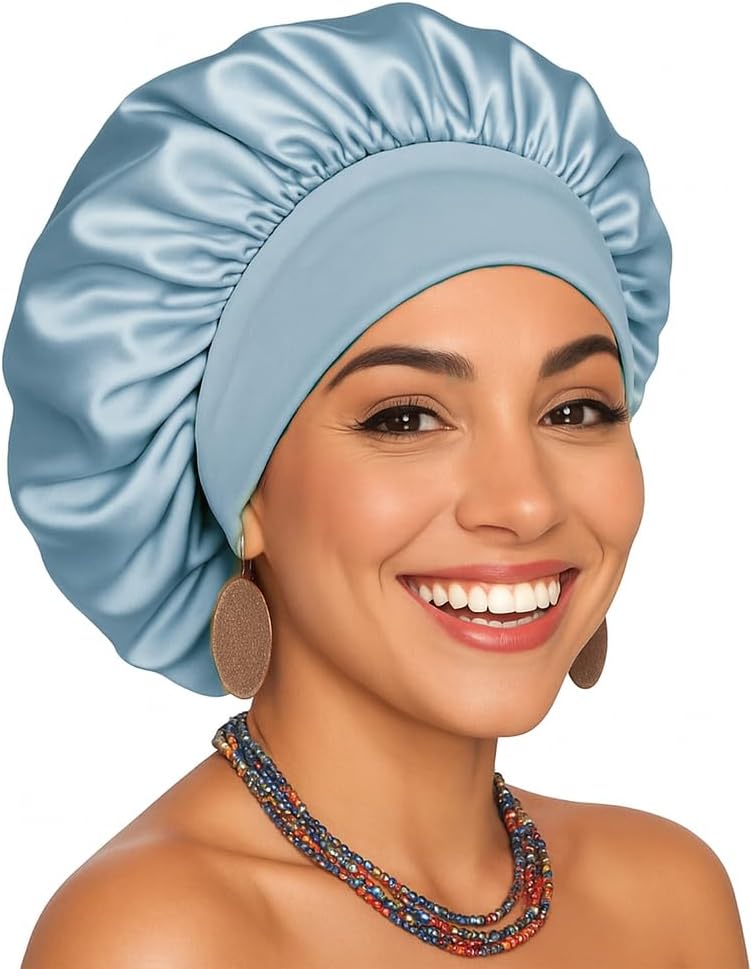 Silk Bonnet for Sleeping Women Curly Hair Bonnets with Tie Band Double Layer Reversible Sleep Bonnet Silk Hair Wrap Sleep Cap