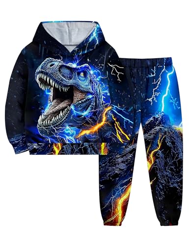 Image of Boys Clothes, T-Rex Print Dinosaur Boy Clothes Fall Winter Outfits Long-sleeved Hooded Sweatshirt Pants 2Pcs Set