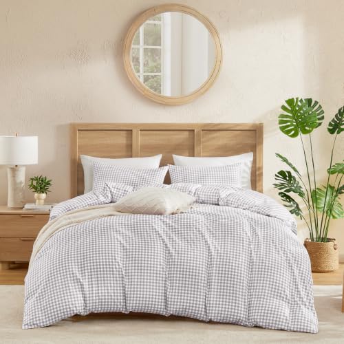 Image of Andency Gingham Duvet Cover Full Size, Light Grey Checkered Plaid Bedding Set, 3 Pieces Soft Prewashed Microfiber Comforter Cover with Zipper Closure & Corner Ties