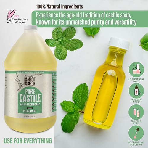 Image of BAMBOO AND BIRCH Pure Castile Soap Liquid, Certified Palm Oil Free Natural Soap, Peppermint, 64 oz
