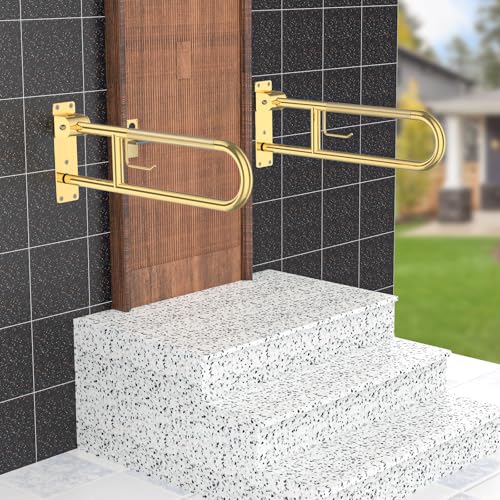 Image of Toilet Grab Bar 30.3 Inch Gold, Munzong Anti-Slip Handicap Grab Bars with Paper Holder, Flip-Up Bathroom Safety Rails, Stainless Steel Knurled Support handrails for Seniors Elderly Disabled Pregnant