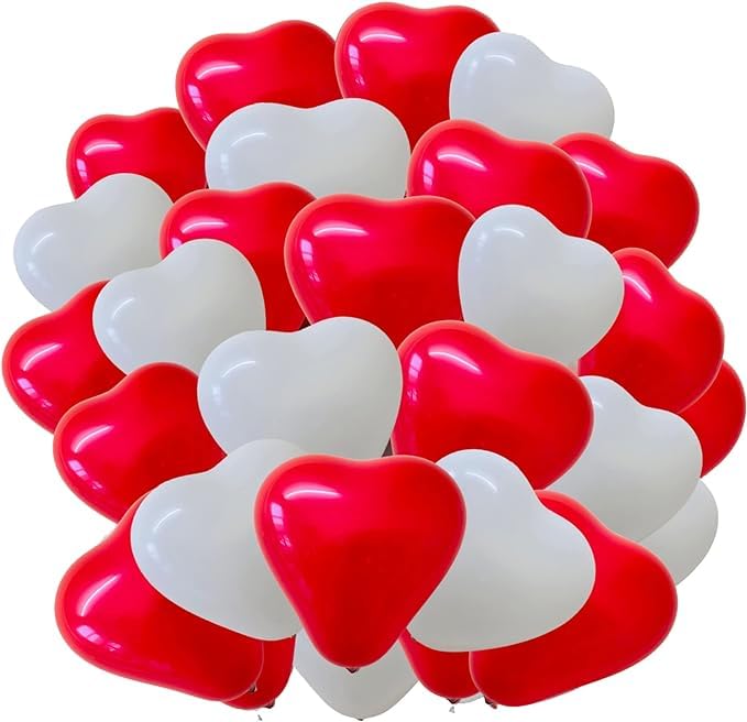 Red White Heart Shape Balloons - 12 Inch Heart Balloons, 100 Pack for Wedding, Anniversaries, Valentine's, Proposals & Bridal Showers