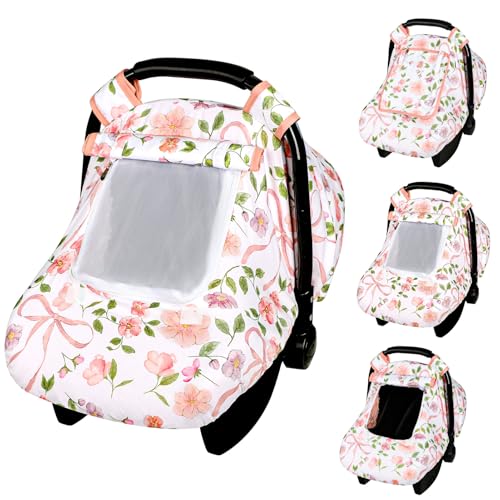 Image of Windproof Baby Car Seat Cover, 3D Mink Dot Infant Car Seat Canopy with Breathable Mesh Window, Baby Carrier Cover for All Seasons, Easy Access Carseat Carrie Snug Fit Stroller, Pink Bow