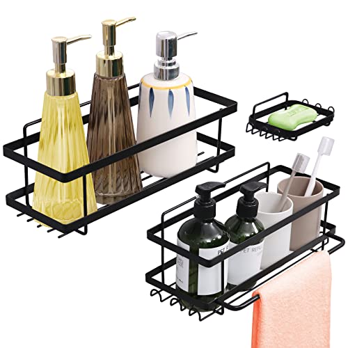 DECMAY Etagere Douche Métal 3 pièces Rectangulaire Rangement Douche sans Percage Étagère Douche a Suspendre Murale Salle de Bain Cuisine Étagère De Douche Noir Acier 30cm 2 Pièces+Porte Savon Douche Cover