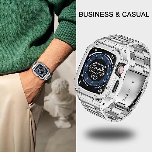 Image of BAITEYOU Stainless Steel Watch Band with Case Compatible with Apple Watch Series 11 10 46mm, Rugged Strap with Metal Protective Bumper Cover for iWatch Bands Men (Silver)