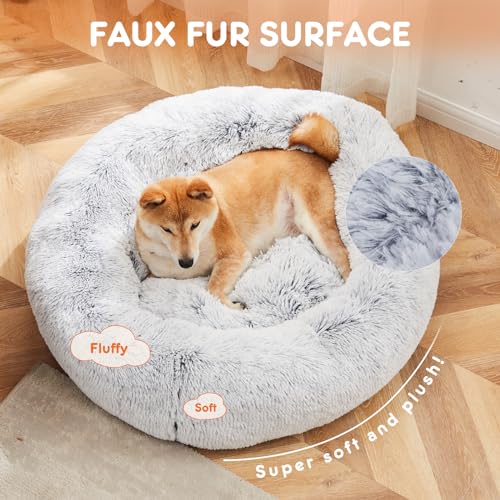 Image of NEWBULIG Round Donut Dog Bed, Large Sized Beds for Indoor Cats and Dogs, Machine Washable Pet Sofa with Anti-Slip, Super Soft Durable Fabric, 37x37 Inch, Grey