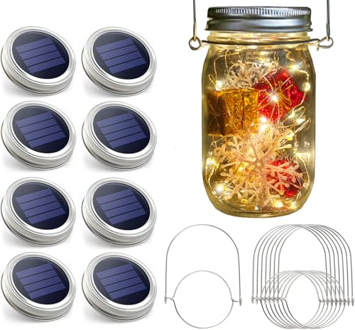 Urvoix Solar Mason Jar Lights - 8 Pack 30 LED Solar Fairy Lights Outdoor, Waterproof Mason Jar Lids Lights Solar Powered String Lights with Hangers(NO Jars) for Garden Patio Lantern Decor