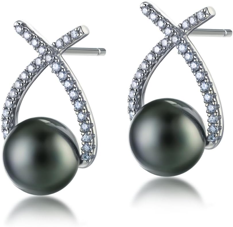 Lunar Belle 10mm Tahitian Black Pearl Halo Stud Earrings with Moissanite in Sterling Silver, Chic Jewelry Gifts for Women (Sea Bloom Halo)