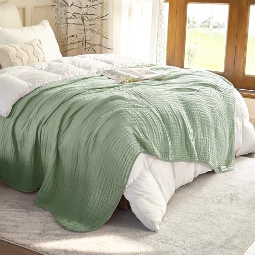 Image of SANACYNA Muslin Blankets for Adults 6-Layer Gauze 100% Cotton Green Bed Blanket Lightweight Soft and Breathable Blanket for Sofa Couch Bed Coverlet Keep Warm (Mint Green, Queen 90 inch X 90 inch)