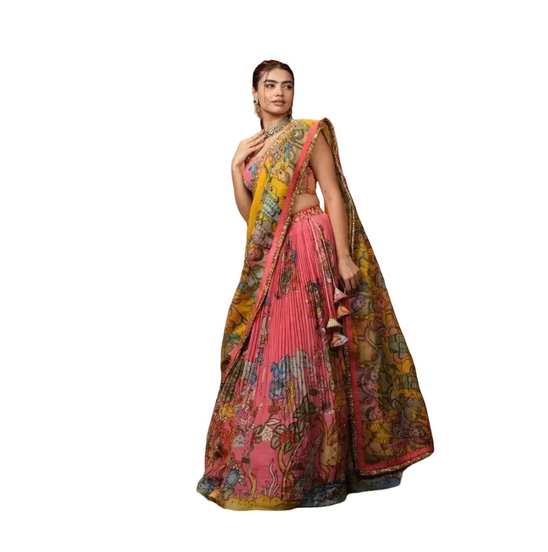 Women's Lehenga Choli Set, Pink and Yellow, Floral Print, Traditional Indian Ethnic Wear