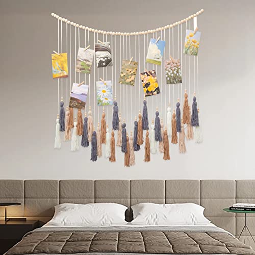 Macrame Photo Wall Hanging, Hanging Photo Display With Clips, Boho Tassels Garland Photo Display, For Bedroom Wall Decor, Girls' Room Decoration (43"X31") #TOP6