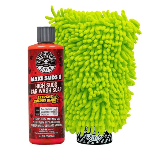 Image of Chemical Guys Maxi Suds II Cherry Scent Car Wash Soap and Chenille Microfiber Wash Mitt Bundle, High Foam Shampoo for Foam Cannons, Guns, and Buckets, Safe for All Paint - 16 Fl Oz