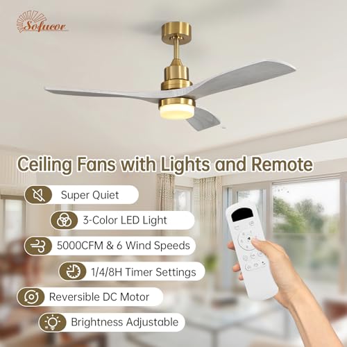 Image of Sofucor 52 Inch Wood Ceiling Fan with Light and Remote for Indoor Outdoor