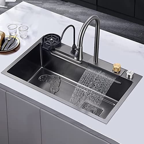 Single Bowl Kitchen Sink, New Stainless Steel Waterfall Sink,Bar Sink, With Cup Washer Sinks, Farmhouse Workstation Sink Drop In Top Or Under Mount (Color : Black-Grey, Size : 80X45X20Cm) #TOP1