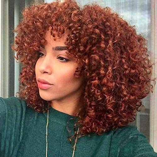 RunM Short Curly Afro Wigs for Black Women Kinky Curly Wig with Bangs Orange Wig Synthetic Heat Resistant Full Wigs 14 Inches(Orange)
