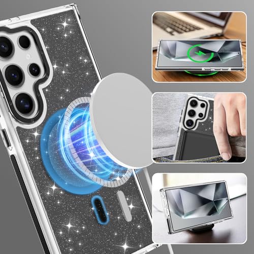 Image of Magnetic Case for Samsung Galaxy S24 Ultra [Compatible with Magsafe] [Bling Glitter Fluorescent Design] [1 Screen Protector] Slim Translucent Matte Case for Galaxy S24 Ultra 6.8 inch, Black