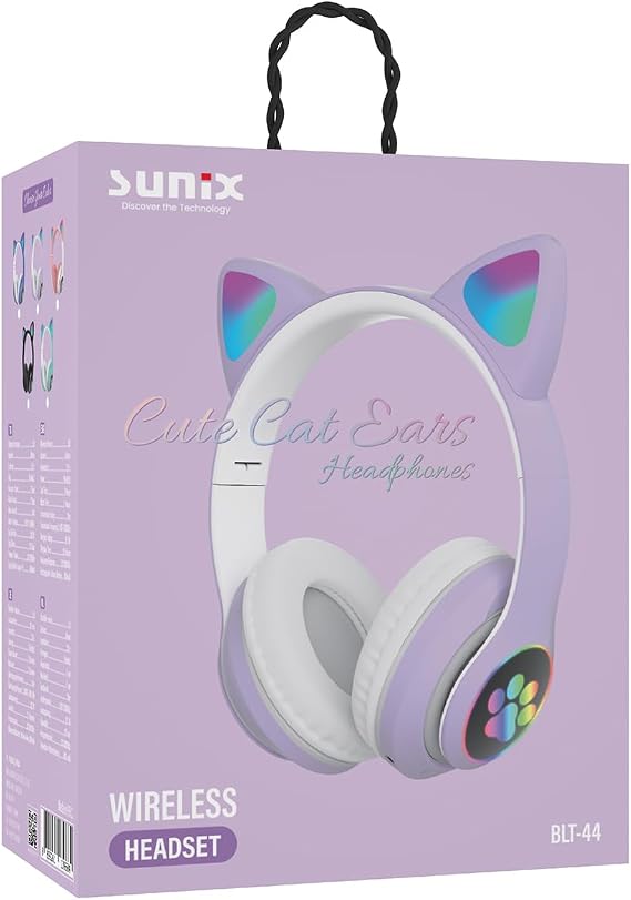 Sunix Wireless 5.0 Stereo Kedi Kulak Üstü Bluetooth Kulaklık Mor