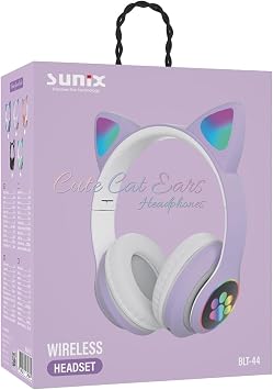 Sunix Wireless 5.0 Stereo Kedi Kulak Üstü Bluetooth Kulaklık Mor