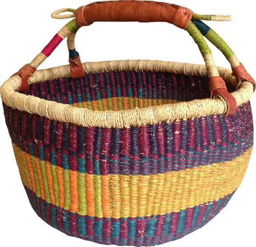 Witzgall Bolga Baskets International,(Artikel 1053-20-0) großer runder bunter-Strohkorb mit echten Ledergriff, 38-44 cm