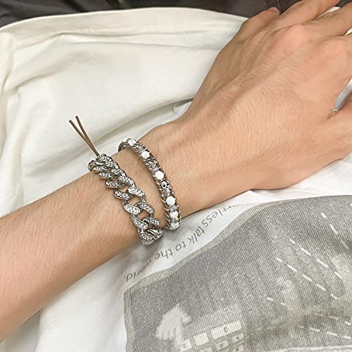 Image of KELITCH 925 Silver Skull Bracelets Wrap Bracelets Women Crystal Beaded Bracelets on Natural Leather