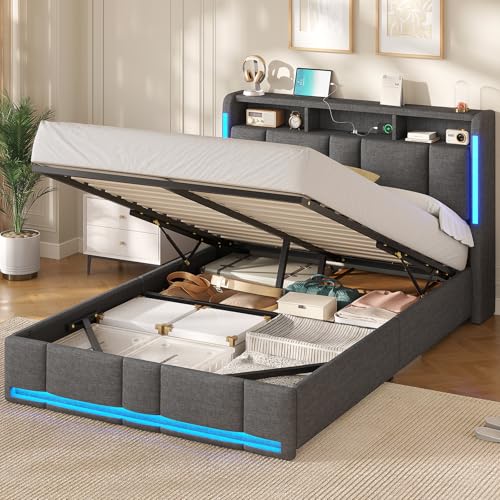 AOGLLATI Canape 140x190 con Almacenamiento Hidráulico, Camas Matrimoniales con Estación de Carga y Iluminación LED, Estructura Cama con Cabecero Tapizado, Gris Oscuro (Sin Colchón)