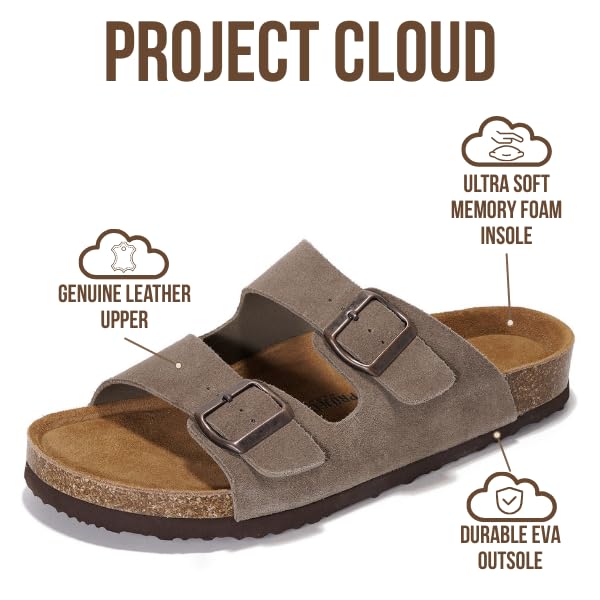 Project Cloud Genuine Leather Mens Sandals with Memory Foam Natural Cork Footbed Slides for Men Footwear - Non-Slip Double-Strap Buckle Summer Sandals (Arizona)2