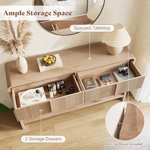 Image of AMERLIFE 45 inch Fluted Console Table with 2 Drawers and Open Shelf, Modern Entryway Table with Rounded Edges, Wood Sofa Table for Hallway, Foyer, Behind Couch, Living Room, Natural Oak