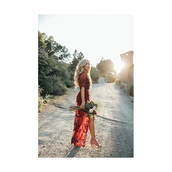 Eleter-Womens-Deep-V-Neck-Lace-Romper-Short-Sleeve-Long-Dress Eleter Women's Deep V-Neck Lace Romper Short Sleeve Long Dress(M,Wine Red)