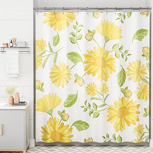 Amazerbath Shower Curtain, Yellow Gerbera Fabric Shower Curtain Set With 12 Shower Curtain Hooks, Rustic Floral Farmhouse Shower Curtain, Washable Fall Cloth Bathroom Shower Curtains, 72X72 Inches #TOP7