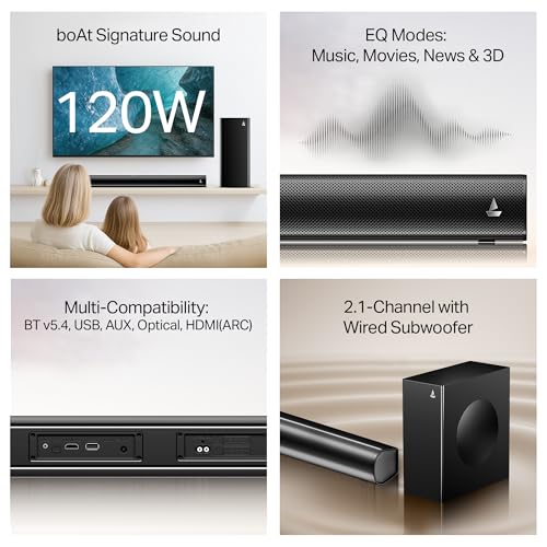 Image of Boat Aavante 2.1 1200, 120W Signature Sound, 2.1 CH w /Wired Subwoofer, BT v5.4, Multiple Ports, EQ Modes & Remote Control, Bluetooth Sound bar, Home Theatre Soundbar Speaker (Premium Black)