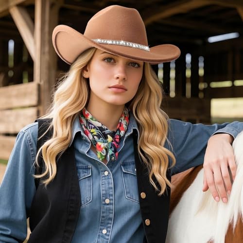 DRESHOW Western Cowboy Hat for Women and Men Wide Brim Glitter Cowboy Cowgirl Hats with Rhinestone Felt Fedora Unisex Rolled up Caps - Image 3