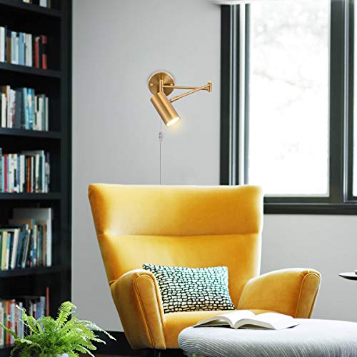 Image of Gold Plug in Wall Sconces Set of 2, Modern Swing Arms Wall Lamp with Plug-in Cord Adjustable Wall Light for Bedroom Living Room (Light Source Included)