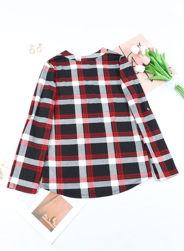 Image of Dokotoo Womens Tops Plaid Cotton Cuffed 3 /4 Sleeve Shirts Blouses
