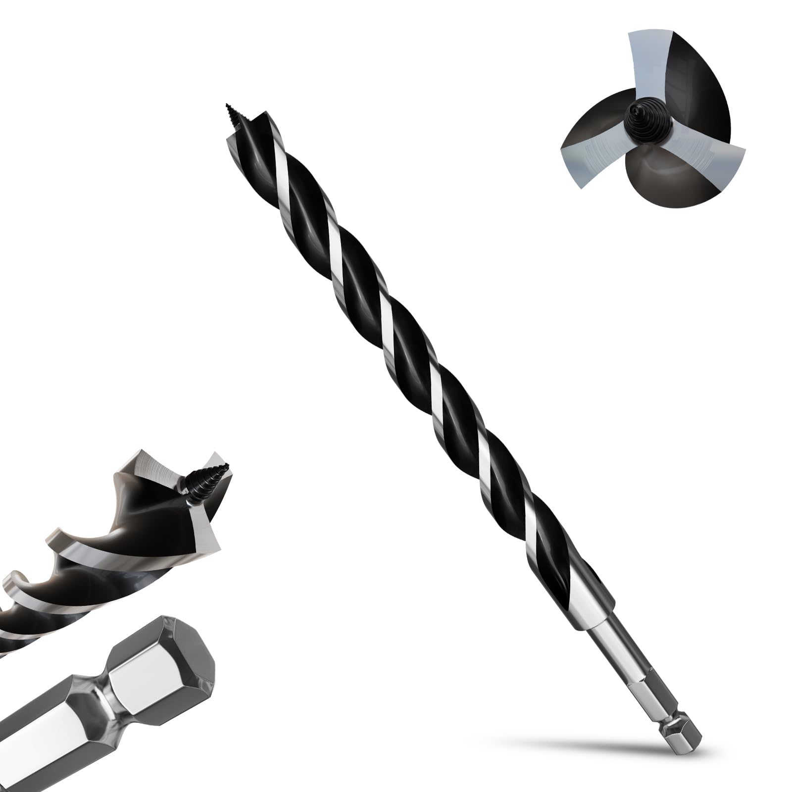 METOTY 20mmx300mm Auger Drill Bit Extra Long Drill Bits，12mm Hex Shank for Wood with Quick Change - 3-Cutter Design with Dual-Flute for Fast Chip Removal, Fits Hardwood, Softwood, PVC, Drywall — image 1