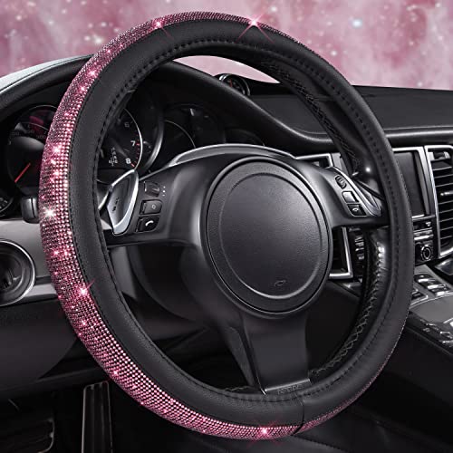 CAR PASS Bling Diamond Leather Steering Wheel Cover, Bling Sparkly Crystal Glitter Rhinestones Universal Fit 14