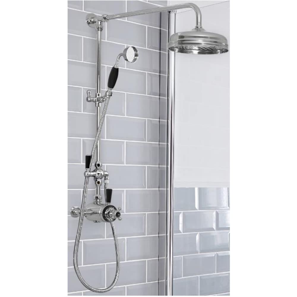 Milano Chrome & Black Elizabeth Rigid Riser Thermostatic Mixer Valve Shower Head Handset - Chrome Black