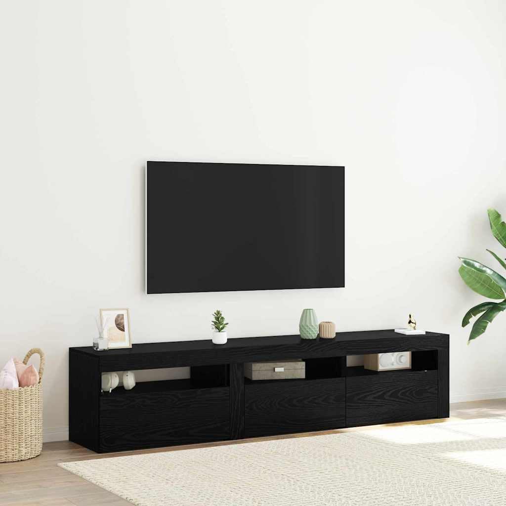 Meuble TV chêne noir 180cm avec éclairage LED et rangements design moderne pour salon