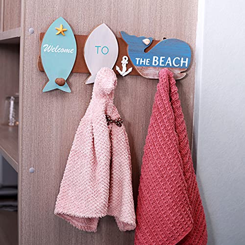 2-Pack Nautical Theme Hook Wall Mounted Wooden Coat Rack Key Hooks, Wooden Fish Welcome Key Holder for Wall with 3 Hooks Organizer, Welcome Door Wall Hook with Beach Nautical Decoration - Image 5
