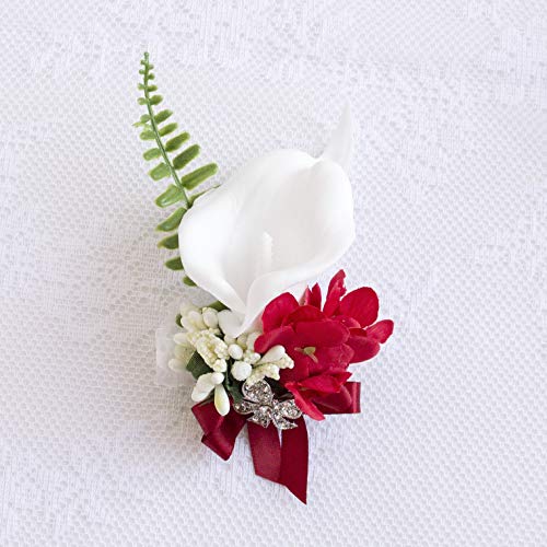 Abbie Home White Calla Lily and Rose Cascading Bride Bouquet Waterfall Wedding Flower - Lily Rhinestone Jewelry Brooches and Satin Ribbon Décor (Red Boutonniere)