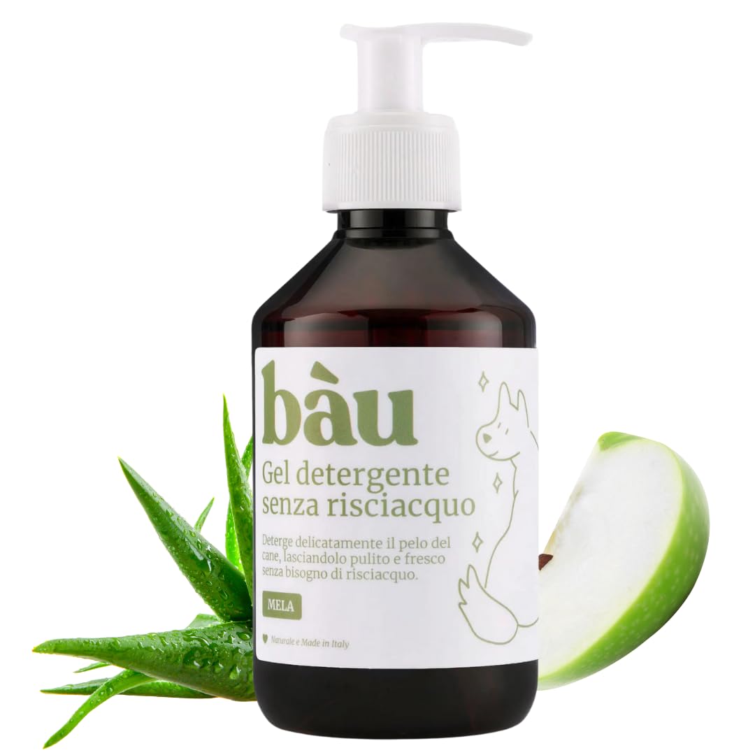 Bau Cosmesi Gel Detergente Senza Risciacquo, Shampoo Secco per Cani, Igienizzante e Idratante - Senza Parabeni e Siliconi, Naturale e Bio con Aloe Vera - Mela, 250 ml