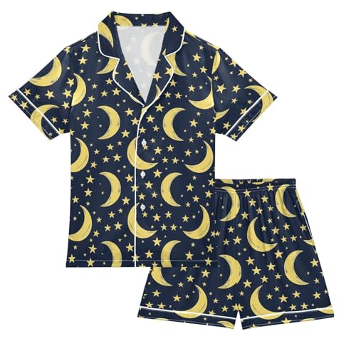 Cartoon Moon Style Summer Satin Pajama Set, Cute Button-Down Sleepwear Pj Set for Sleep Wears