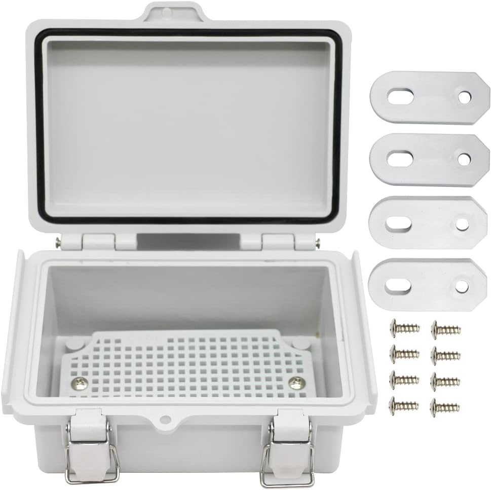 Mini Grey Watertight Junction Box Hinged Cover with Stainless Steel Latch Outdoor Weatherproof Custom PVC Plastic Enclosure Box for Project with Mounting Plate 5.9×3.9×2.8 inch(150×100×70mm)
