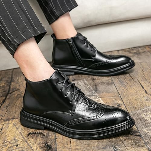 Black Black Wingtip Brogues Pointed Toe Work Boots for Men Classic Lace-up Modern Formal High Top Derby Oxfords Vintage Business Casual Dress Shoes with Zipper4