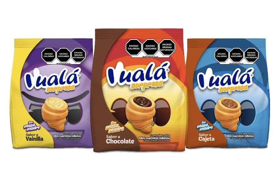 Vualas soft Croissant chocolate Variety pack (3 pack) Sorpresa|Pan Mexicano|cuernitos de chocolate|Mini croissants filled with |Chocolate|Vainilla|Cajeta| 60g per pack of Vualas Variedad de sabores vualas| Mini cuernitos rellenos de Chocolate|Vainilla| Cajeta| Bakery Snacks compare to Vuala 2.12oz each package (Pack of 3)