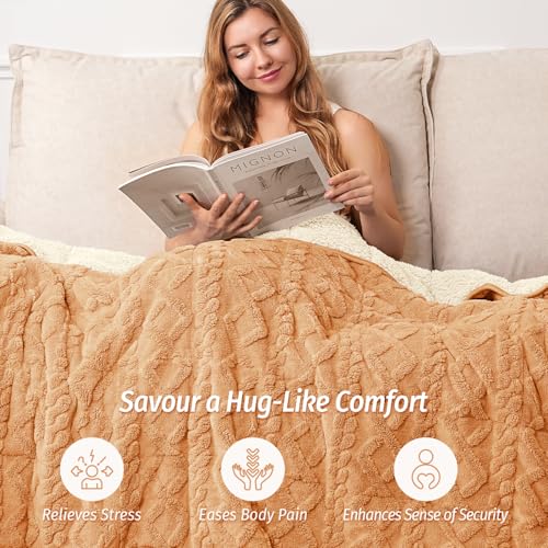 Image of Wemore Weighted Blanket for Adults Twin Size 15 lbs, Dual Sided Soft Fuzzy Jacquard Sherpa Weighted Blankets, Cozy Fluffy Knitted Heavy Blanket, Orange-Yellow, 60 x 80 inches