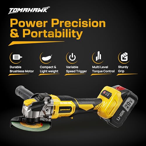 Image of Tomahawk CGR-5555 20V Brushless Cordless Angle Grinder | 4 Inch / 100mm | 3-Speed Control up to 8500 RPM | Dual 3.0Ah Batteries | Paddle Trigger Lock for Cutting & Grinding