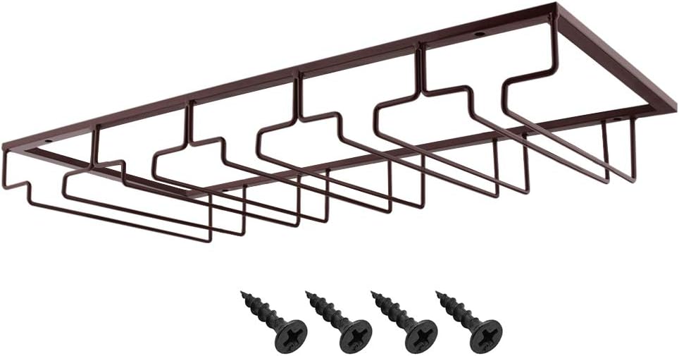 MOCOUM Wine Glasses Rack Under Cabinet Stemware Rack, Wine Glass Hanger Rack Wire Wine Glass Holder Storage Hanger for Cabinet Kitchen Bar (Brown, 5 Rows 1 Pack)