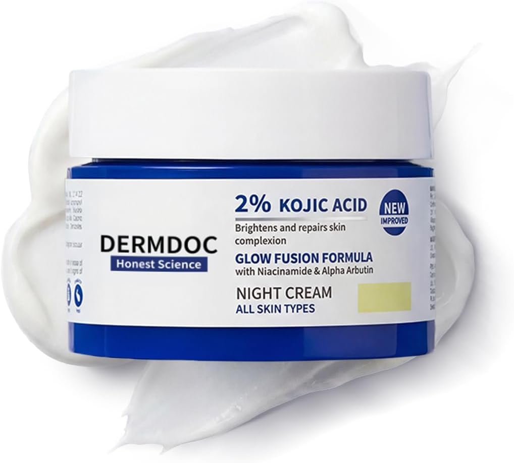 DERMDOC 2% Kojic Acid Glow Fusion Formula Night Cream, 25g | Niacinamide & Alpha Arbutin | Skin Brightening Face Cream | Reduces Dark Spots & Pigmentation | Even & Glowing Skin | Minimizes Pores