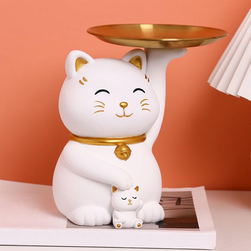 Amazon.co.jp: AKINORE 招き猫 皿を捧げる猫さん 置物 玄関収納